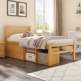 Twin Size Wood Platform Bed with Removable Storage Shelves, Built-in Two Storage Drawers for Added Convenience, Natural