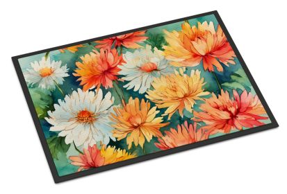 NEW Chrysanthemums in Watercolor Doormat Front Door Mat Indoor Outdoor Rugs for Entryway, Non Slip Washable Low Pile, 18H X 27W