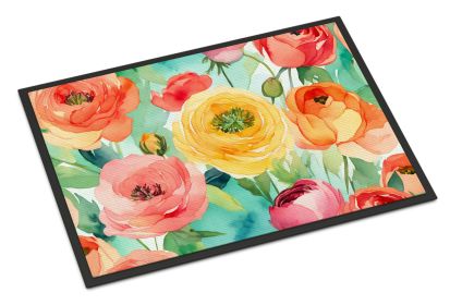 NEW Ranunculus in Watercolor Doormat Front Door Mat Indoor Outdoor Rugs for Entryway, Non Slip Washable Low Pile, 18H X 27W